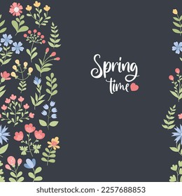 Spring time. Floral seamless pattern. Decorative flowers on black background. Vector illustration in flat style. Floral endless background for design, banners, cards, decor, packaging