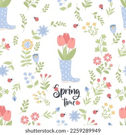 Spring time. Floral seamless pattern. Bouquet of tulips in rubber boot on white background with flowers and ladybugs. Vector illustration in flat style.