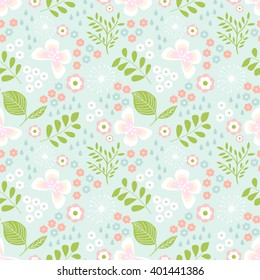 Spring time floral seamless pattern with butterflies, leaves 