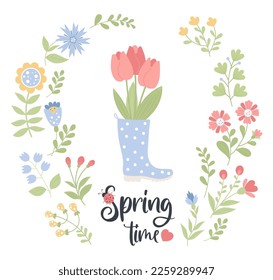 Spring time flower collection. Bouquet of tulips in rubber boot and variety of flowers, branches and plants. Vector illustration. Isolated elements in flat style for design, decor, postcards and print