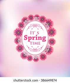 spring time flower pink label on a blurred background