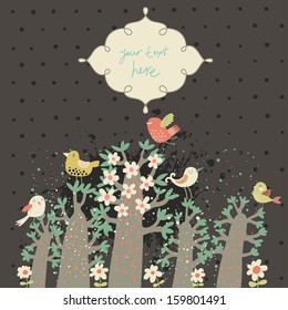 Spring time forest with cute little birds and flowers. Vintage vector card