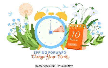 Spring time forward banner. Alarm clock turning one hour forward on the calendar date march 10, 2024. Spring cozy vector illustration with alarm clock and schedule in flowers