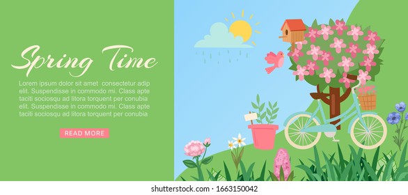 Spring time in garden web banner with birds, blooming trees, grass, dandelions and daisies, bike cartoon vector illustration. Spring time garden for easter background.