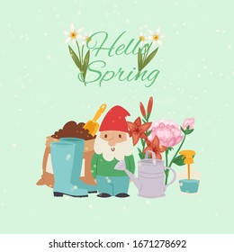 Spring time gardening concept with gnome, gum boots and watering can, grass, dandelions and daisies cartoon vector illustration. Spring composition flowers and garden tools and decoration.