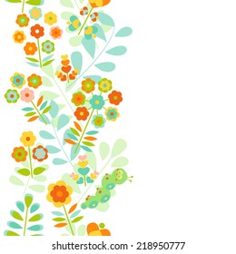 Spring time grass and flowers seamless vertical border design with cute caterpillar