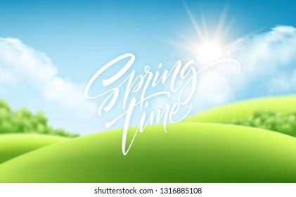 Spring time green grass landscape background with handwriting lettering. Vector illustration