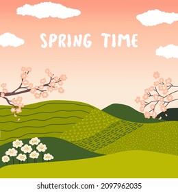 Frühlingszeit. Grüne Hügel und Wiesen, Sakura, blühende Baumzweige und -linien, Kurven. Rosa Himmel und flauschige Wolken. Schöne Landschaft. Vektorrahmen, Rahmen. 