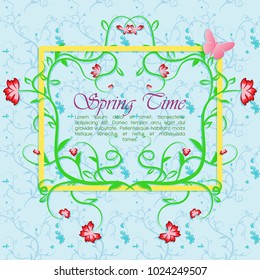 Spring time greeting background. Template of a seasonal advertisement or presentation with gentle curly flowers. Vector illustration.