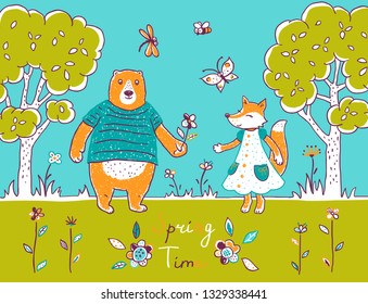 Spring time greeting card. Cute illustration with fox and bear in spring forest. Illustration for children's. Vector spring background with cute insects and animals  in doodle style