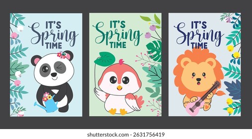 Spring time greeting clipart poster set design. Springtime greeting card layout clip art with panda, bird and lion animal character in colorful flower and leaves background elements collection vector 