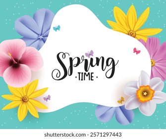 Spring time greeting clipart template. Spring greetings card with space for text and flowers elements like daisy, plumeria, bluebell and hibiscus beautiful flower clip art. Vector illustration season 