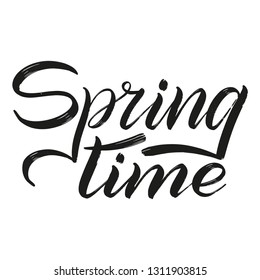 Spring time. Greeting of spring. Modern hand lettering. Dry brush effect. Isolated black print. Vector.