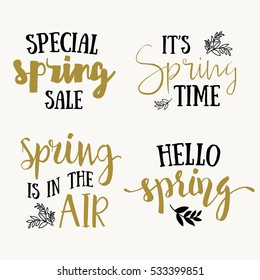 It's Spring time hand drawn brush lettering, black and gold isolated on white. Vector design lettering for spring sales, banners, advertisement, posters, prints, greeting cards, t-shirts