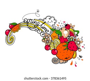 Spring time hand drawn colorful doodle vector illustration with fruits, berries and flowers