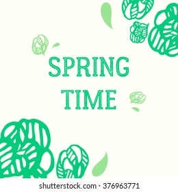 Spring time. Hand drawn doodle green leaves. Spring card.