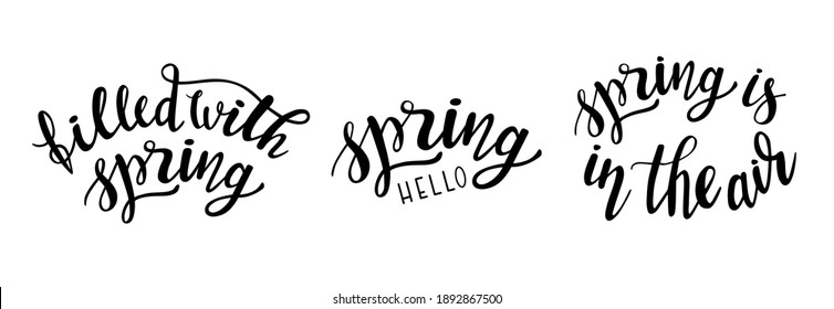 Spring Time hand drawn lettering set of 3. Vector phrases elements for cards, banners, posters, mug, scrapbooking, pillow case, phone cases and clothes design. Filled with spring, spring is in the air