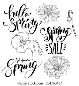 Spring time hand drawn lettering designs set. Vector illustration