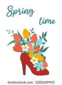 Spring time hand drawn vector illustration. Stiletto shoe with bouquet of flowers for greeting card, poster.