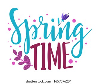 spring time hand sketched logotype, badge typography icon. Lettering spring season with leaf for greeting card, invitation template. Vector illustration of lettering on a white background