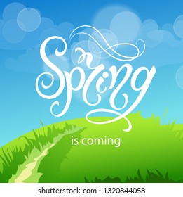 Spring time. Handwritten calligraphy lettering with grass background. Vector image.