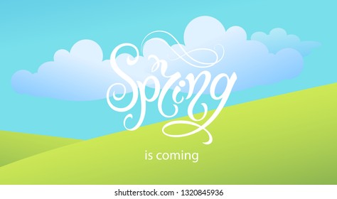 Spring time. Handwritten calligraphy lettering with grass background. Vector image.
