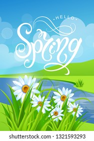 Spring time. Handwritten calligraphy lettering with grass background. Vector image.