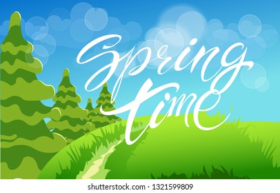 Spring time. Handwritten calligraphy lettering with grass background. Vector image.