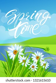 Spring time. Handwritten calligraphy lettering with grass background. Vector image.