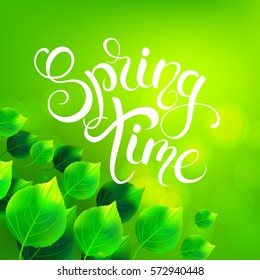 Spring time handwritten calligraphy lettering on green leaves background. Vector illustration.