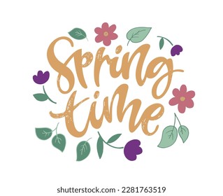 Spring time, Hello spring - cute hand dreawn doodle lettering postcard. T-shirt design, mug print.