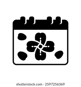 Spring time icon shown with calendar and blooming flower petals
