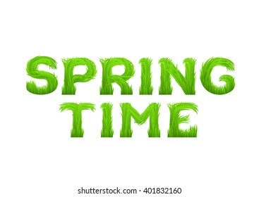 Spring time inscription made of grass isolated on white.  Early spring green grass font.  Vector illustration. 