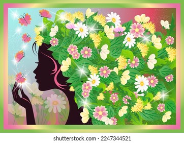 Spring time invitation card with young girl and flowers, vector illustration