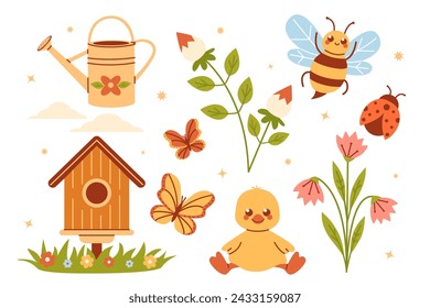 Conjunto de elementos de primavera sobre fondo blanco. Birdhouse. Flores de colores. Insectos. Mariposa. Mariquita. Abeja. ¡Duckling! Regadera.