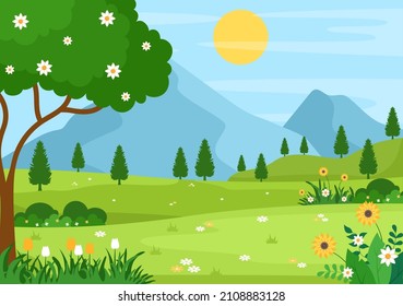 Antecedentes del Paisaje de primavera con la temporada de flores, arcoiris y planta para promociones, revistas, publicidad o sitios web. Ilustración del vector de naturaleza