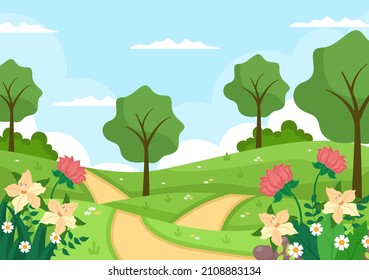 Spring Time Landscape Background with Flowers Season, Rainbow and Plant for Promotions, Magazines, Advertising or Websites. Nature Vector illustration