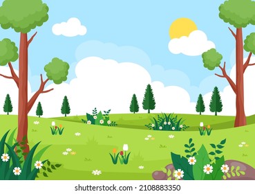 Spring Time Landscape Background with Flowers Season, Rainbow and Plant for Promotions, Magazines, Advertising or Websites. Nature Vector illustration