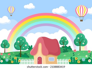 Spring Time Landscape Background with Flowers Season, Rainbow and Plant for Promotions, Magazines, Advertising or Websites. Nature Vector illustration