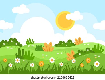 Spring Time Landscape Background with Flowers Season, Rainbow and Plant for Promotions, Magazines, Advertising or Websites. Nature Vector illustration