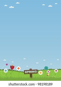 spring time landscape background with flowers and sign, with space for text