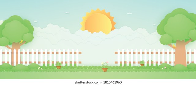 Spring Time, landscape, garden with trees, plant pots, beautiful flowers on grass and fence, bird on the branch, bright sun and cloud, paper art style