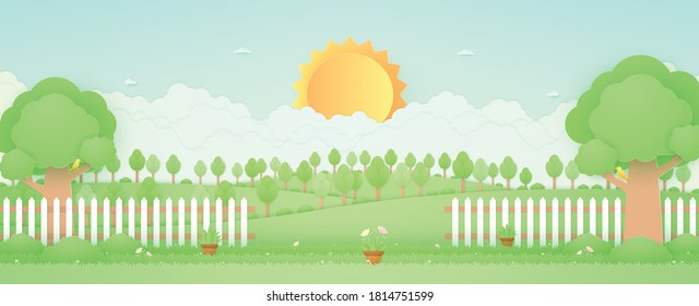 Hora de primavera, paisaje, árboles en la colina, jardín con macetas de plantas, hermosas flores sobre la hierba y la cerca, pájaro en la rama, estilo de arte de papel