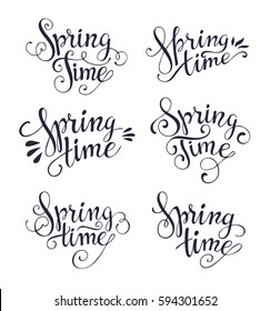 Spring time lettering collection. Vector illustration of hand written calligraphy lettering, isolated on white background.
