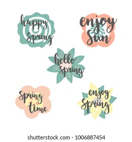 Spring time lettering with colorful flowers in background, greeting cards set.Vector illustration.