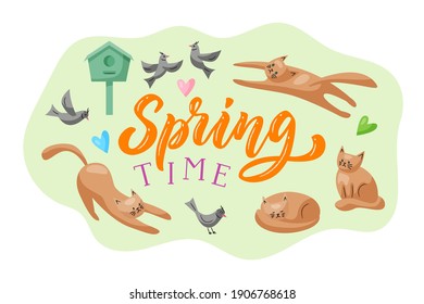 Spring time lettering design with cats, birds, birdhouse, hearts. Vector colorful illustration in flat style.