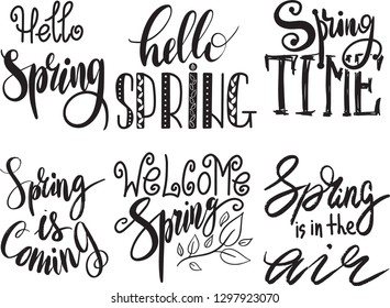 Spring time lettering greeting cards set special springtime typography vector illustration. Spring time handmade text quote