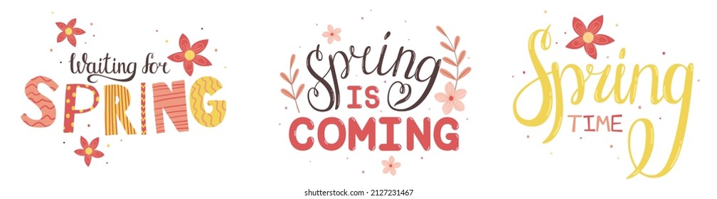 Spring time lettering greeting cards set. Vector colorful handwritten typography. Colored curves doodle letters. Calligraphy, flowers and twigs illustration in orange colors for banners, typography