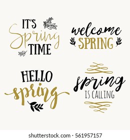 It's spring time lettering greeting cards set. Special spring sale typography poster in gold black and white colors. Vector illustration