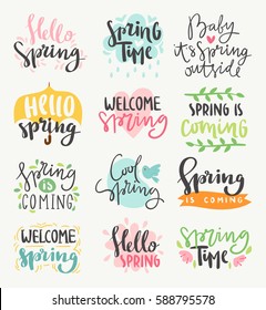 Spring time lettering greeting cards set special springtime sale typography poster in gold black and white colors vector illustration. Spring or summer time handmade text quote